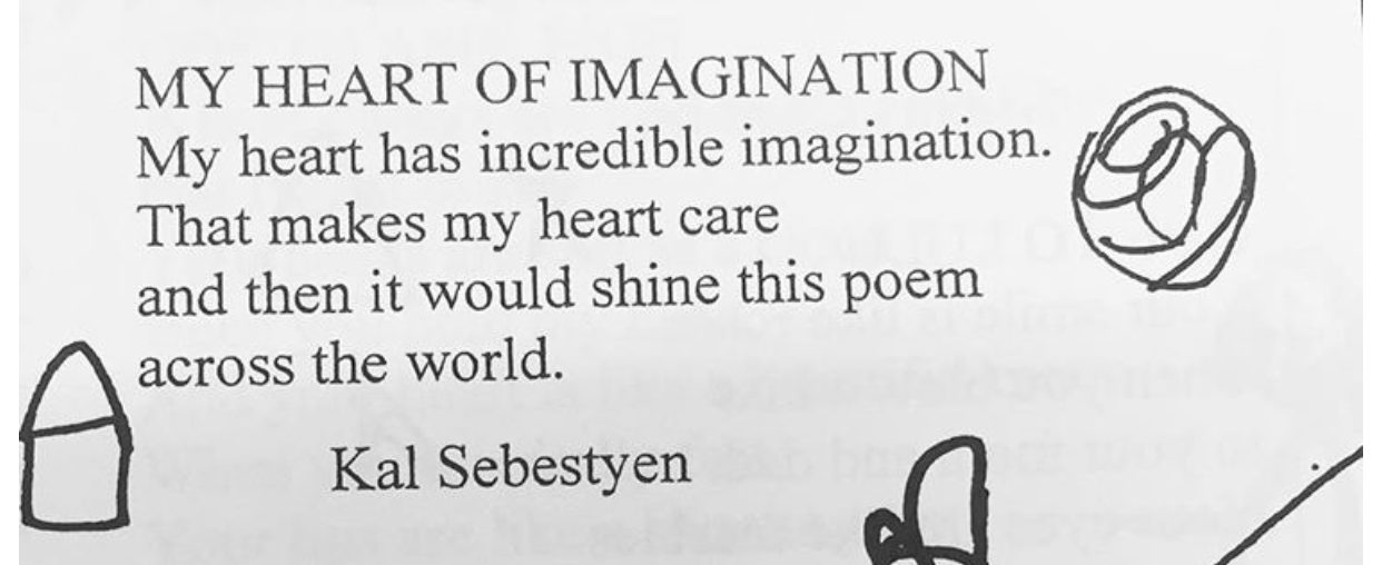 Kal's poem as printed on the page, with his small drawings around it