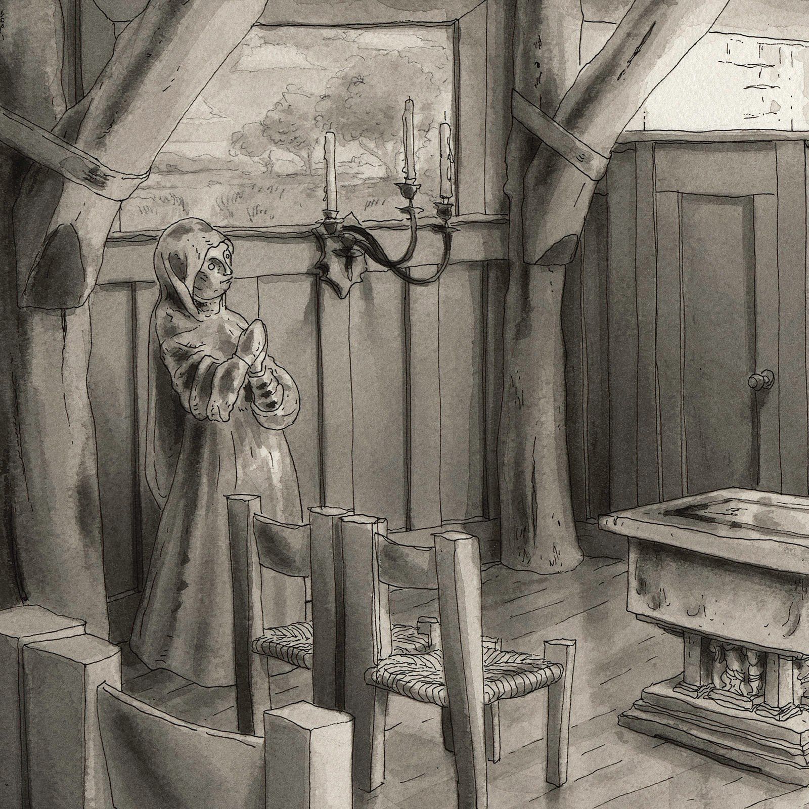 A detail of the drawing: a robed figure with hands together beside a window, candle sconces on the timber wall and the stone font in the foreground.