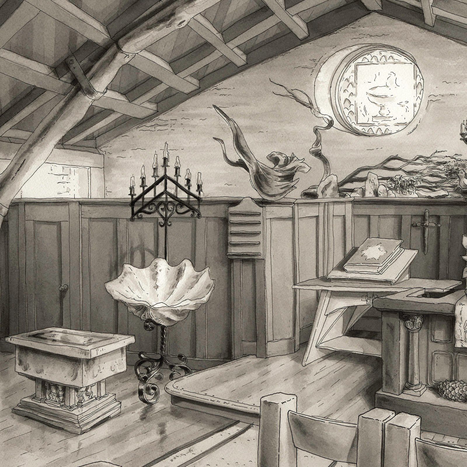 A detail of the drawing: the shell shaped font on an iron stand, the carved stone baptismal font, the open book on the lectern and the branches on the wall.
